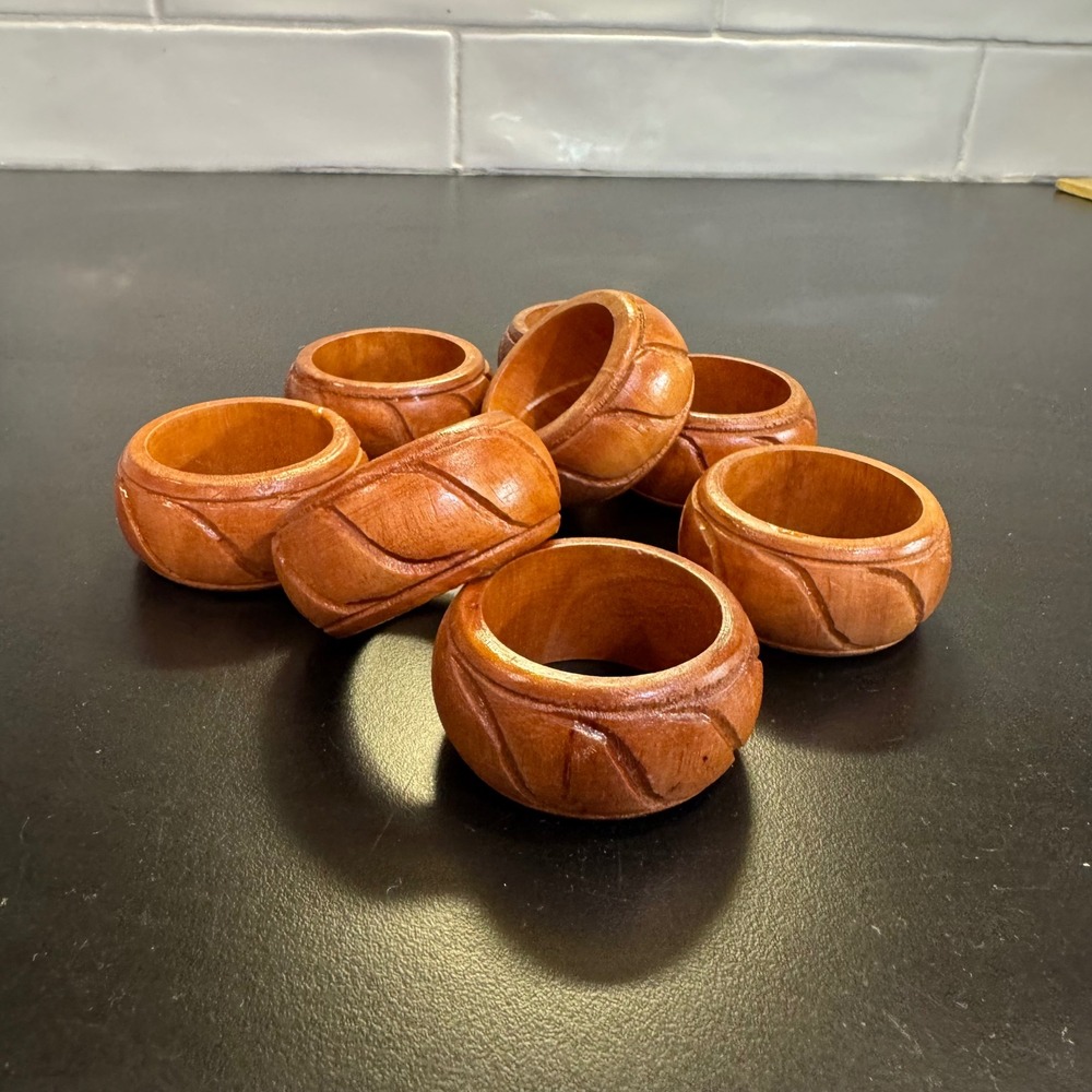 Napkin Rings Set of 8 Brown Hand Carved Wood Rustic Boho Table Decor